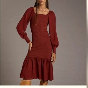 Anthropologie NWT • Smocked‎ Puff-Sleeve Midi Dress Size Large Burgundy/Rust
